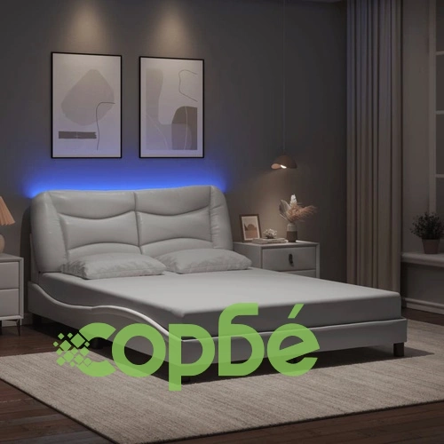 Рамка за легло с LED осветление, бяла, 140x200 cм, еко кожа ➤ топ цена ➤ sorbe.bg
