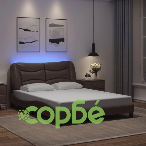 Рамка за легло с LED осветление, кафява, 140x200 см, еко кожа ➤ топ цена ➤ sorbe.bg