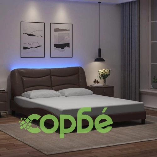 Рамка за легло с LED осветление, кафява, 160x200 cм, еко кожа ➤ топ цена ➤ sorbe.bg
