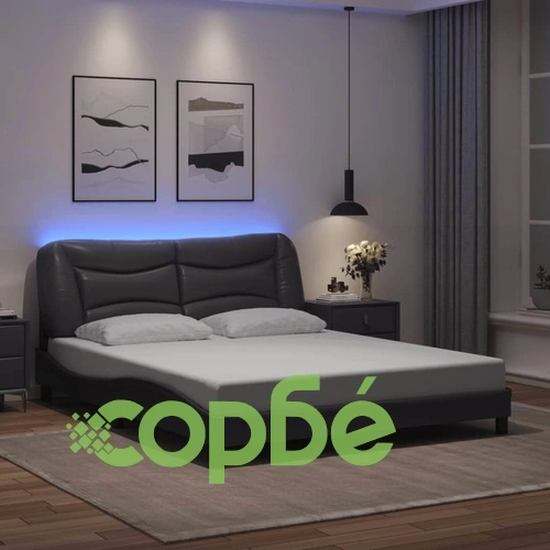 Рамка за легло с LED осветление, сива, 160x200 cм, еко кожа ➤ топ цена ➤ sorbe.bg