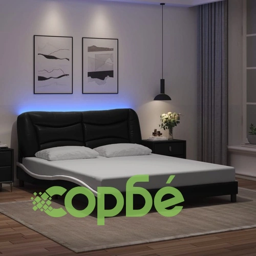 Рамка за легло с LED осветление черно-бяла 160x200 cм еко кожа ➤ топ цена ➤ sorbe.bg