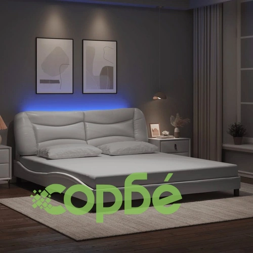 Рамка за легло с LED осветление, бяла, 180x200 см, еко кожа ➤ топ цена ➤ sorbe.bg