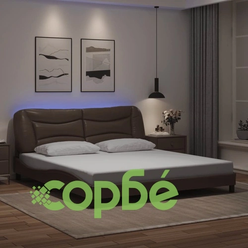 Рамка за легло с LED осветление, кафява, 180x200 см, еко кожа ➤ топ цена ➤ sorbe.bg