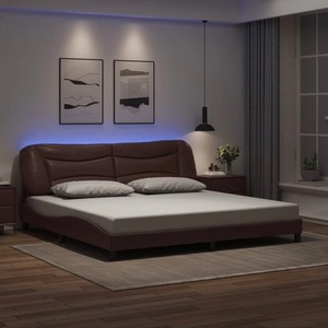 Рамка за легло с LED осветление, кафява, 200x200 см, еко кожа