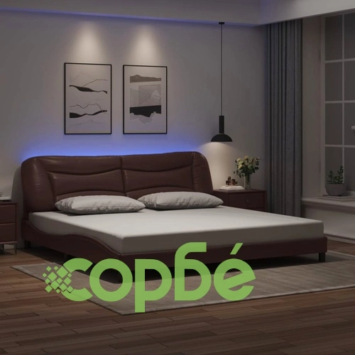 Рамка за легло с LED осветление, кафява, 200x200 см, еко кожа ➤ топ цена ➤ sorbe.bg
