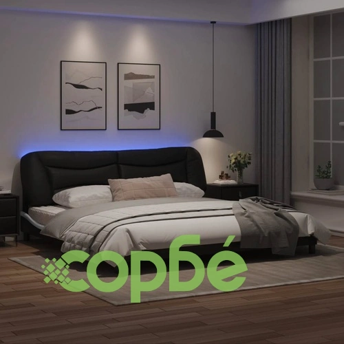 Рамка за легло с LED, черно и бяло, 200x200 см, изкуствена кожа ➤ топ цена ➤ sorbe.bg