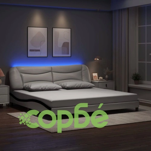 Рамка за легло с LED, бяло-черна, 200x200 см, изкуствена кожа ➤ топ цена ➤ sorbe.bg
