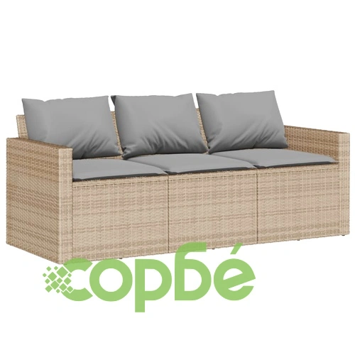Градински диван с възглавници, 6 части, бежов полиратан ➤ топ цена ➤ sorbe.bg