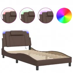 Рамка за легло с LED осветление, кафява, 100x200 см, еко кожа