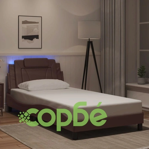 Рамка за легло с LED осветление, кафява, 100x200 см, еко кожа ➤ топ цена ➤ sorbe.bg