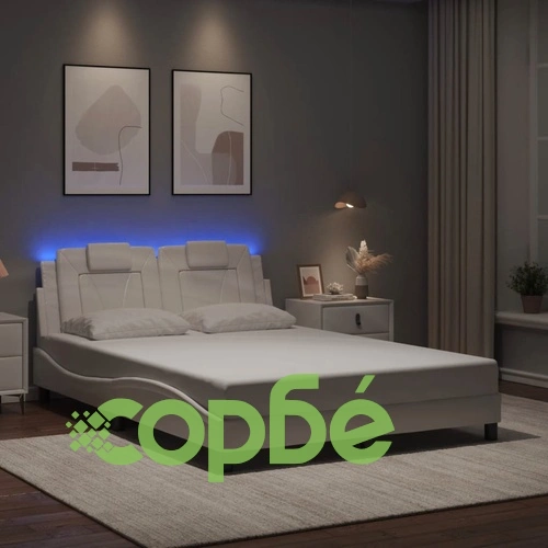 Рамка за легло с LED осветление, бяла, 140x200 cм, еко кожа ➤ топ цена ➤ sorbe.bg