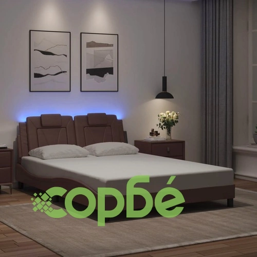 Рамка за легло с LED осветление, кафява, 140x200 см, еко кожа ➤ топ цена ➤ sorbe.bg