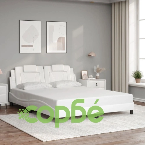 Рамка за легло с LED осветление, бяла, 160x200 cм, еко кожа ➤ топ цена ➤ sorbe.bg