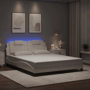 Рамка за легло с LED осветление, бяла, 160x200 cм, еко кожа