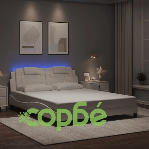 Рамка за легло с LED осветление, бяла, 160x200 cм, еко кожа ➤ топ цена ➤ sorbe.bg