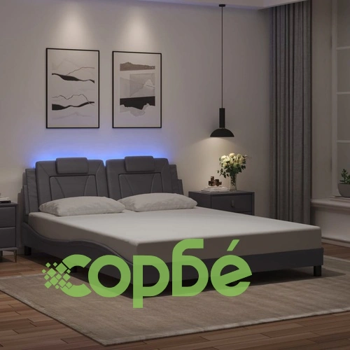 Рамка за легло с LED осветление, сива, 160x200 cм, еко кожа ➤ топ цена ➤ sorbe.bg