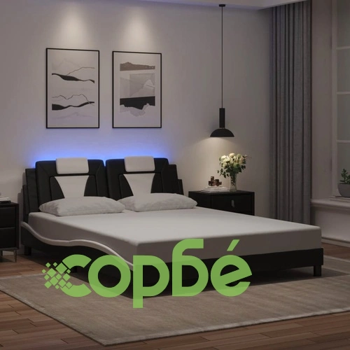 Рамка за легло с LED осветление черно-бяла 160x200 cм еко кожа ➤ топ цена ➤ sorbe.bg