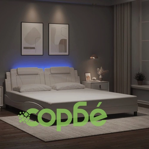 Рамка за легло с LED осветление, бяла, 180x200 см, еко кожа ➤ топ цена ➤ sorbe.bg
