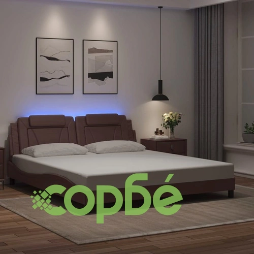 Рамка за легло с LED осветление, кафява, 180x200 см, еко кожа ➤ топ цена ➤ sorbe.bg