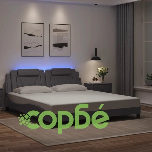 Рамка за легло с LED осветление, сива, 180x200 см, еко кожа ➤ топ цена ➤ sorbe.bg