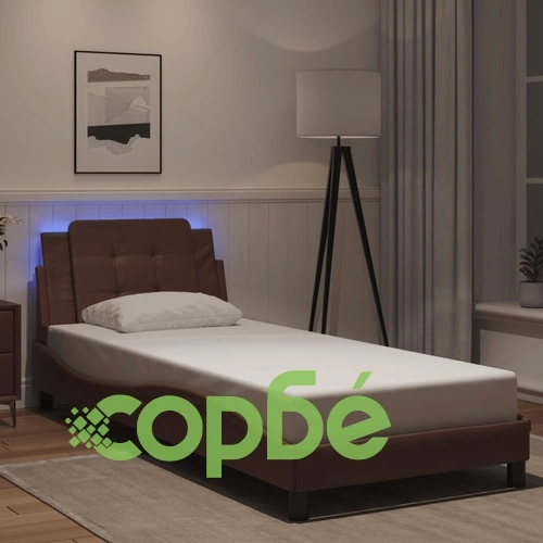 Рамка за легло с LED осветление, кафява, 100x200 см, еко кожа ➤ топ цена ➤ sorbe.bg