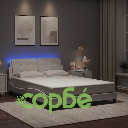 Рамка за легло с LED осветление, бяла, 140x200 cм, еко кожа ➤ топ цена ➤ sorbe.bg