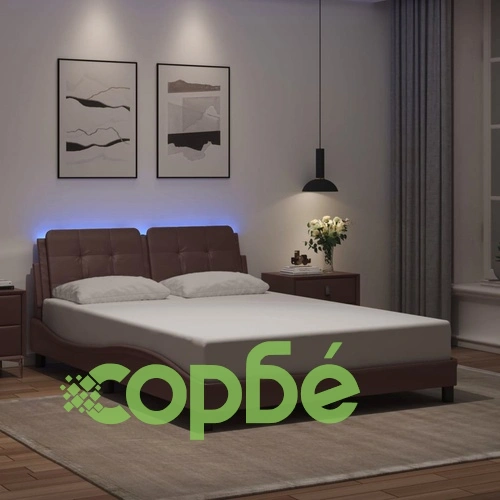 Рамка за легло с LED осветление, кафява, 140x200 см, еко кожа ➤ топ цена ➤ sorbe.bg