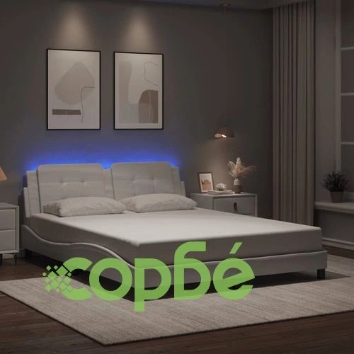 Рамка за легло с LED осветление, бяла, 160x200 cм, еко кожа ➤ топ цена ➤ sorbe.bg