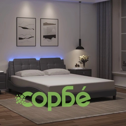 Рамка за легло с LED осветление, сива, 160x200 cм, еко кожа ➤ топ цена ➤ sorbe.bg