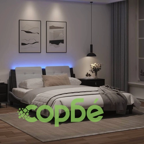 Рамка за легло с LED осветление бяло-черна 160x200 cм еко кожа ➤ топ цена ➤ sorbe.bg