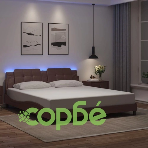 Рамка за легло с LED осветление, кафява, 180x200 см, еко кожа ➤ топ цена ➤ sorbe.bg