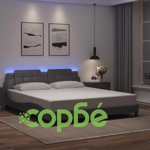 Рамка за легло с LED осветление, сива, 180x200 см, еко кожа ➤ топ цена ➤ sorbe.bg