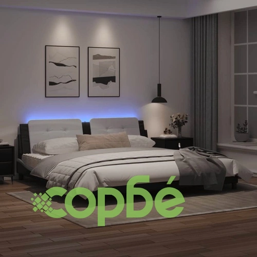 Рамка за легло с LED, черно и бяло, 200x200 см, изкуствена кожа ➤ топ цена ➤ sorbe.bg