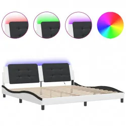 Рамка за легло с LED, бяло-черна, 200x200 см, изкуствена кожа