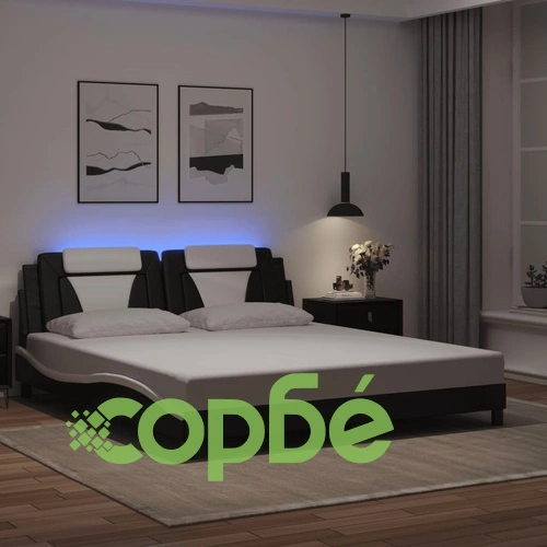 Рамка за легло с LED осветление черно-бяла 180x200 см еко кожа ➤ топ цена ➤ sorbe.bg