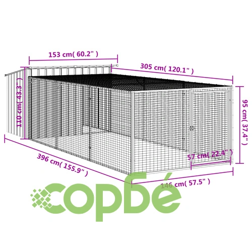 Кучешка къща с волиера, антрацит, 153x396x110 см, стомана ➤ топ цена ➤ sorbe.bg