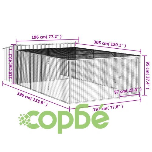 Кучешка къща с волиера, антрацит, 197x396x110 см, стомана ➤ топ цена ➤ sorbe.bg