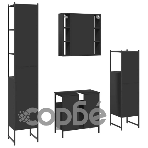 Комплект шкаф за баня от 4 части, черен, инженерно дърво ➤ топ цена ➤ sorbe.bg