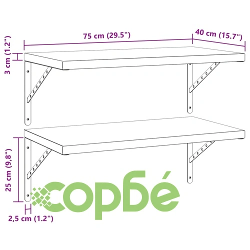 Стенни рафтове 2 бр 75x40 см черни неръждаема стомана ➤ топ цена ➤ sorbe.bg