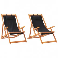 Сгъваеми плажни столове, 2 бр, черни, текстил