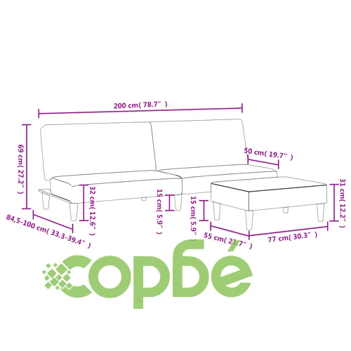 2-местен диван с табуретка, Черен, текстил ➤ топ цена ➤ sorbe.bg