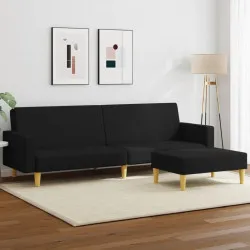 2-местен диван с табуретка, Черен, текстил