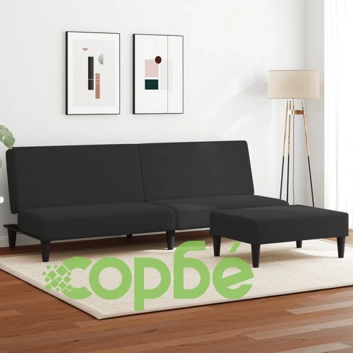 2-местно разтегателно канапе с табуретка, черно, кадифе ➤ топ цена ➤ sorbe.bg