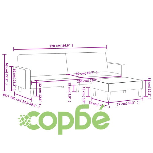 2-местно разтегателно канапе с табуретка, тъмносиво, кадифе ➤ топ цена ➤ sorbe.bg