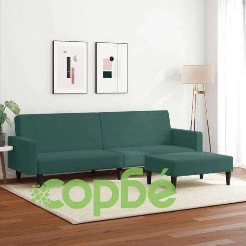 2-местно разтегателно канапе с табуретка, тъмнозелено, кадифе ➤ топ цена ➤ sorbe.bg