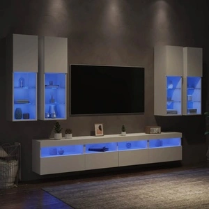 Комплект ТВ стенни шкафове, 7 части, с LED светлини, бели