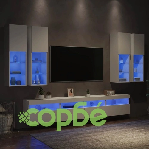 Комплект ТВ стенни шкафове, 7 части, с LED светлини, бели ➤ топ цена ➤ sorbe.bg