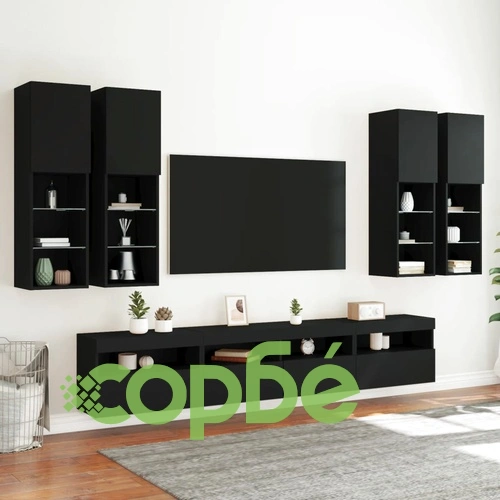 Комплект ТВ стенни шкафове, 7 части, с LED светлини, черни на топ цена от sorbe.bg Комплект ТВ стенни шкафове, 7 части, с LED светлини, черни ➤ топ цена ➤ sorbe.bg
