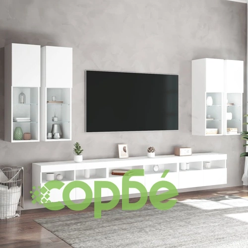 Комплект ТВ стенни шкафове, 7 части, с LED светлини, бели на топ цена от sorbe.bg Комплект ТВ стенни шкафове, 7 части, с LED светлини, бели ➤ топ цена ➤ sorbe.bg