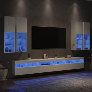 Комплект ТВ стенни шкафове, 7 части, с LED светлини, бели